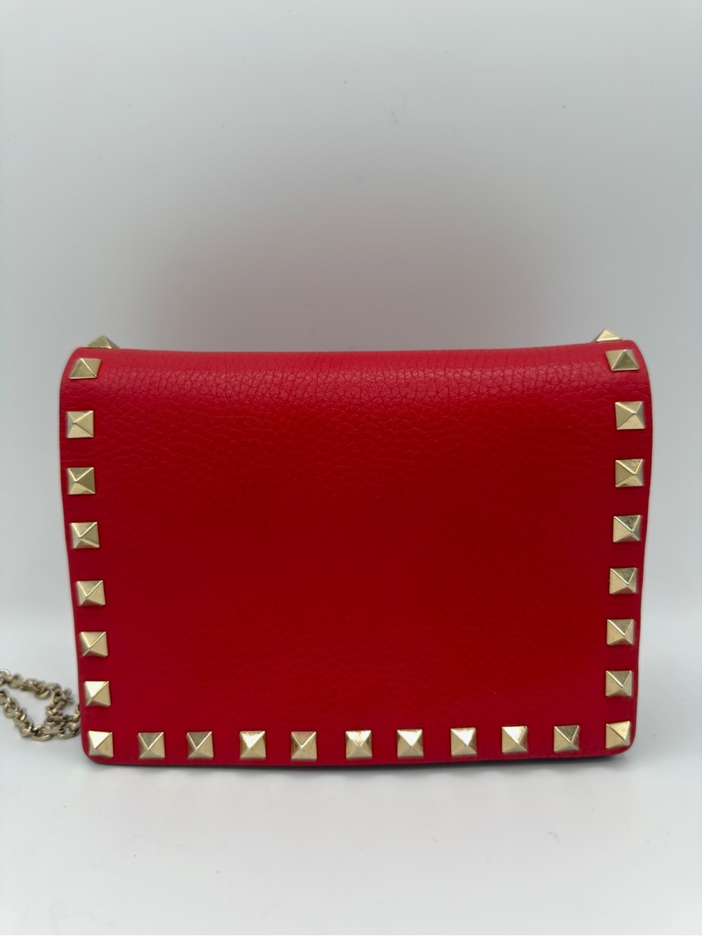Valentino Rockstud Wallet on Chain Crossbody Bag Pebbled Calfskin Red /Rouge Pur